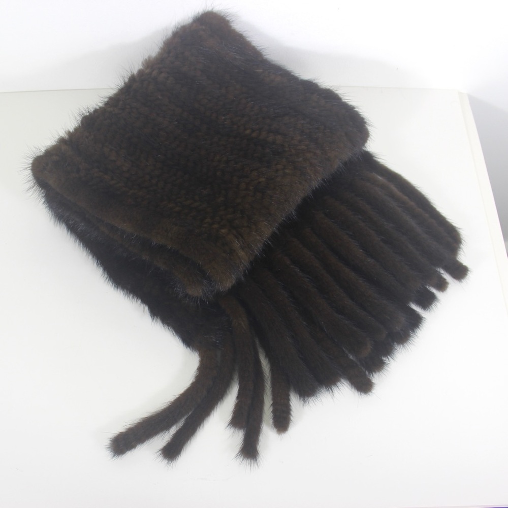 Vintage Dark Brown Mink Fur Scarf with Fur Fringe Wide Knitted Shawl Throw Wrap